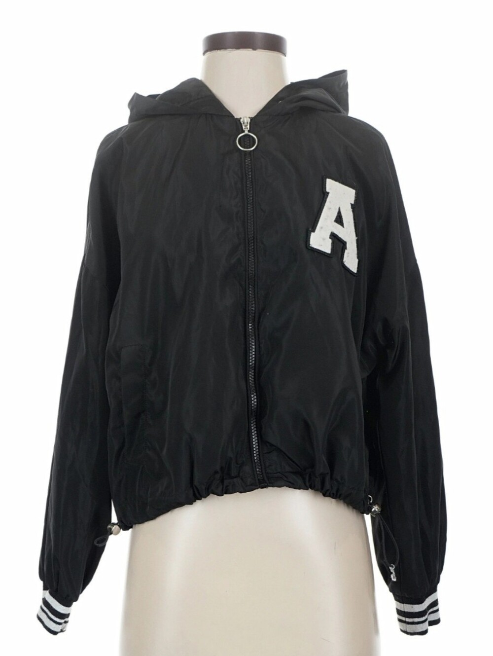 New Look Black Hooded Varsity Bomber Windbreaker Size: Large